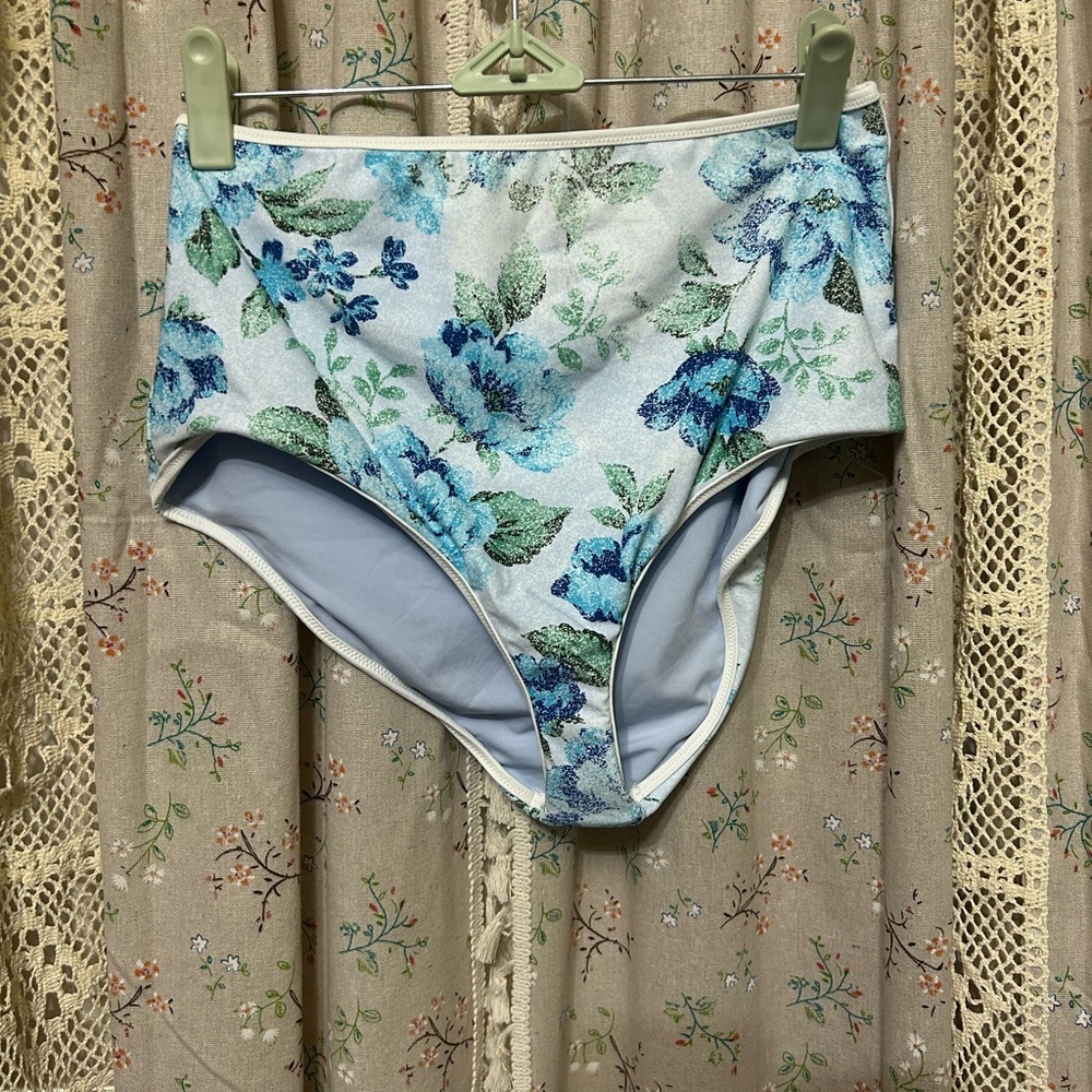 AERIE High Waisted Full Coverage Bikini Bottoms Blue Green Floral Print M